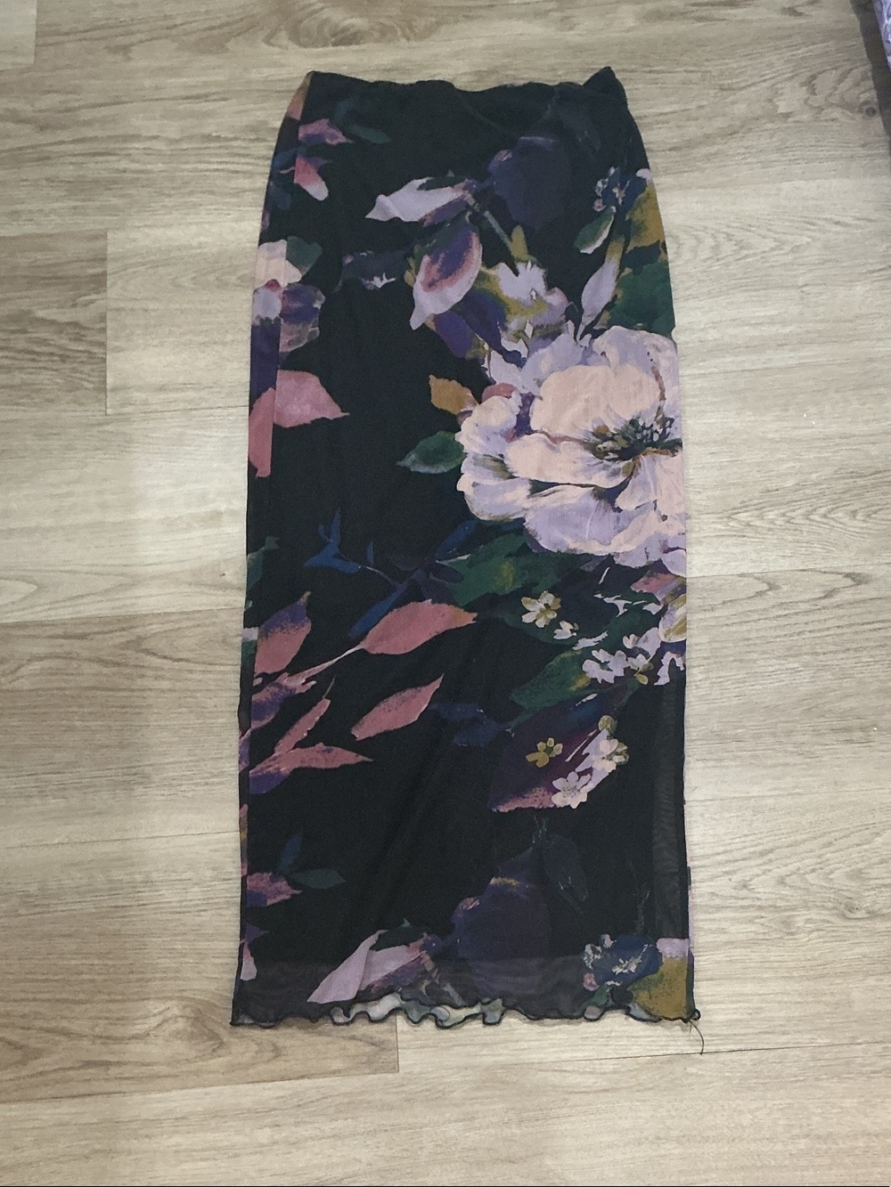 Aqua Black Maxi Skirt with Purple and Pink Floral Print